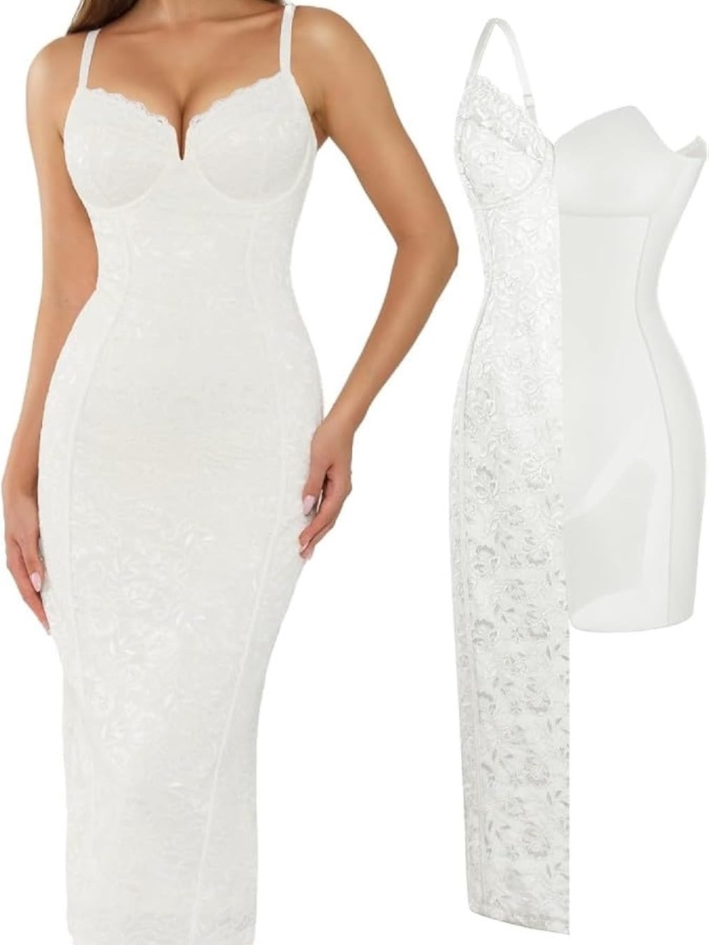 Lace Bodycon Slip Dress with Sculpting Panels - White